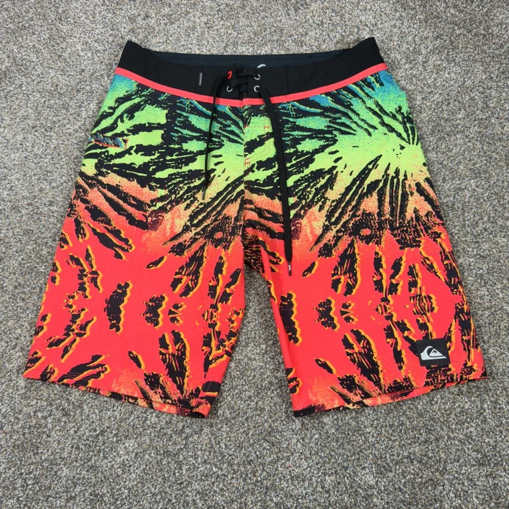 Quiksilver Mens Board Shorts Size 30 Neon Tie Dye Print Swim Trunks Orange Green